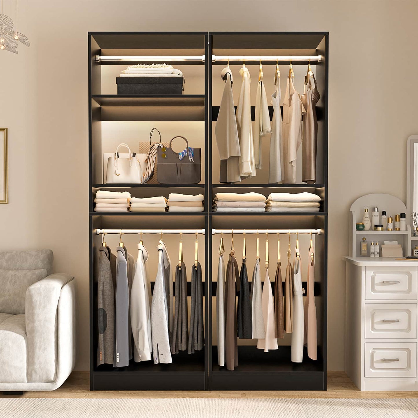 50'' Closet Organizer System, Set of 2, Heavy Duty Closet Storage & Organizer with 4 Hanging Rods and Adjustable Shelves