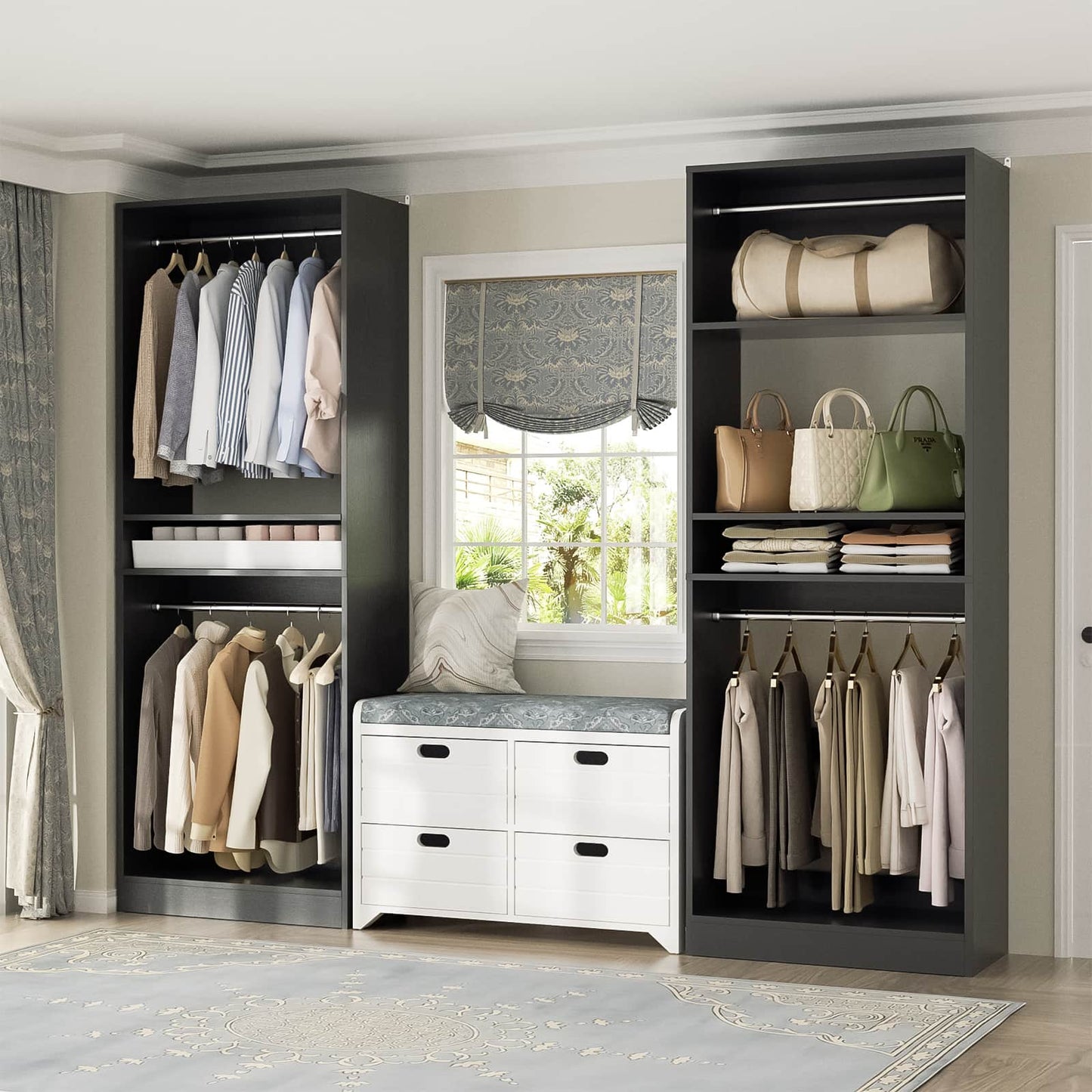 50'' Closet Organizer System, Set of 2, Heavy Duty Closet Storage & Organizer with 4 Hanging Rods and Adjustable Shelves