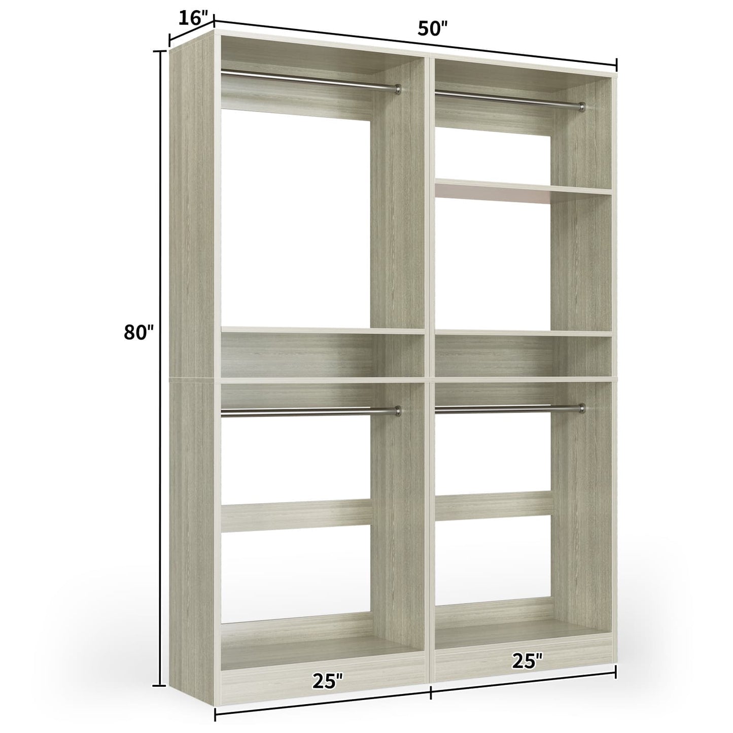 50'' Closet Organizer System, Set of 2, Heavy Duty Closet Storage & Organizer with 4 Hanging Rods and Adjustable Shelves
