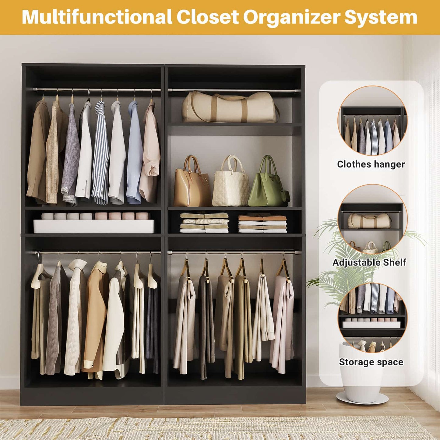 50'' Closet Organizer System, Set of 2, Heavy Duty Closet Storage & Organizer with 4 Hanging Rods and Adjustable Shelves