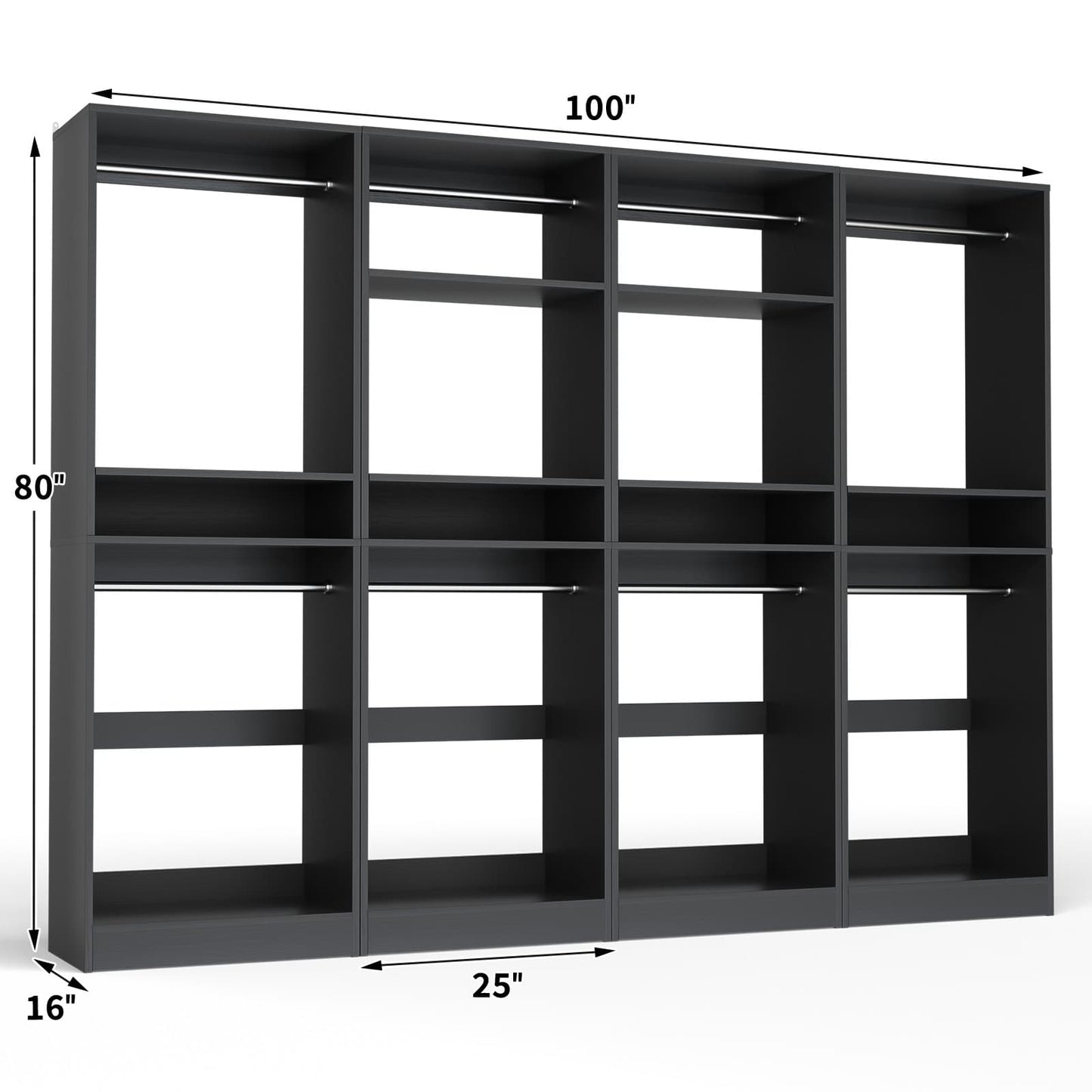100 Inch Closet System, Freestanding Closet Organizer Wardrobe with 8 Hanging Rods and 17 Shelves