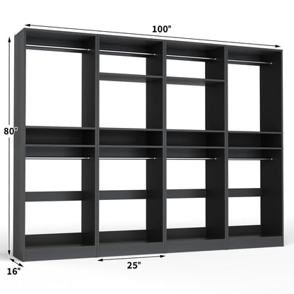 100 Inch Closet System, Freestanding Closet Organizer Wardrobe with 8 Hanging Rods and 17 Shelves