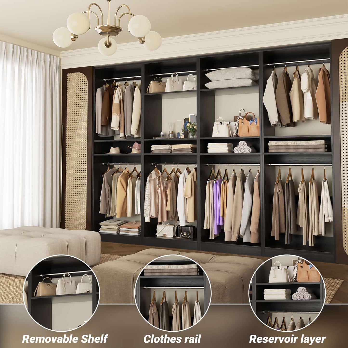 100 Inch Closet System, Freestanding Closet Organizer Wardrobe with 8 Hanging Rods and 17 Shelves