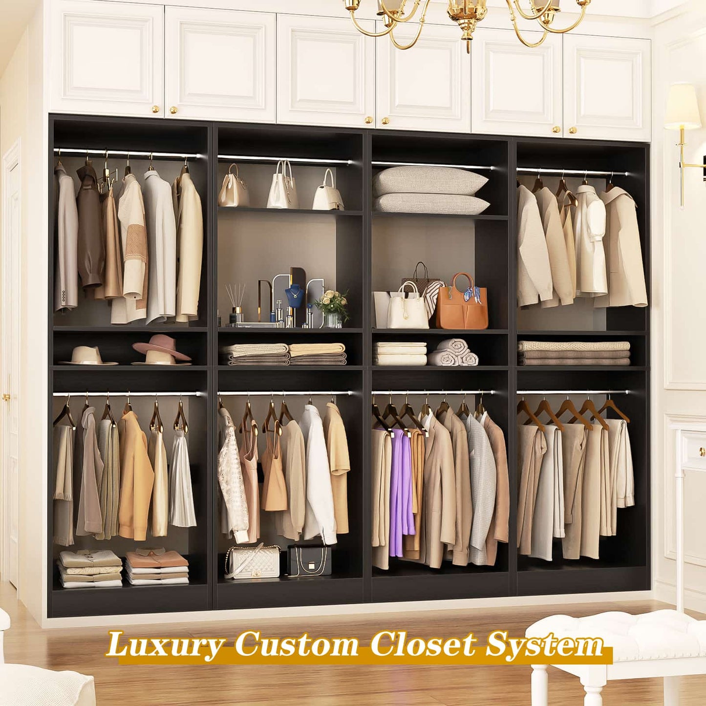 100 Inch Closet System, Freestanding Closet Organizer Wardrobe with 8 Hanging Rods and 17 Shelves