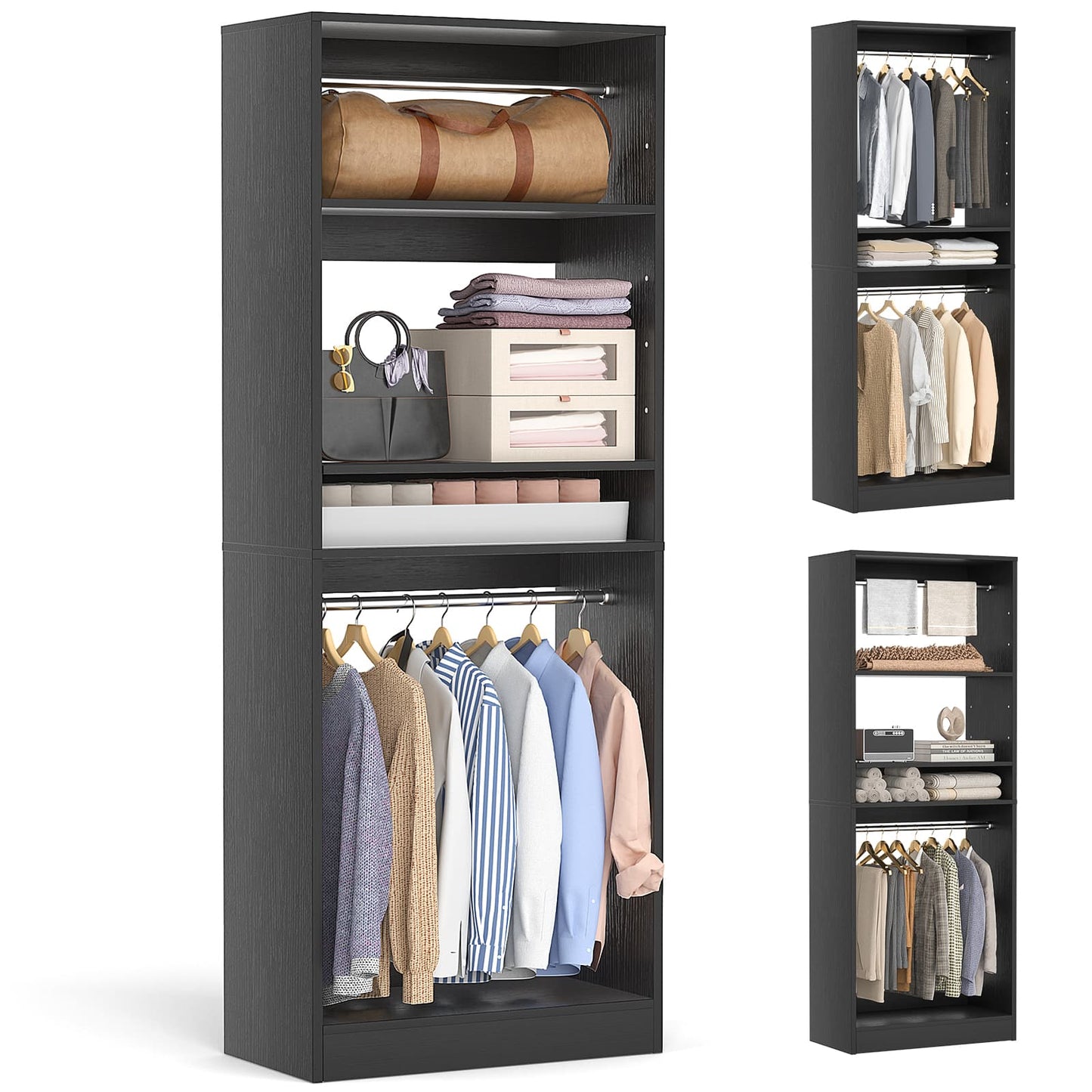 25'' Closet System, Freestanding Closet Organizer Wardrobe with Hanging Rods and Shelves
