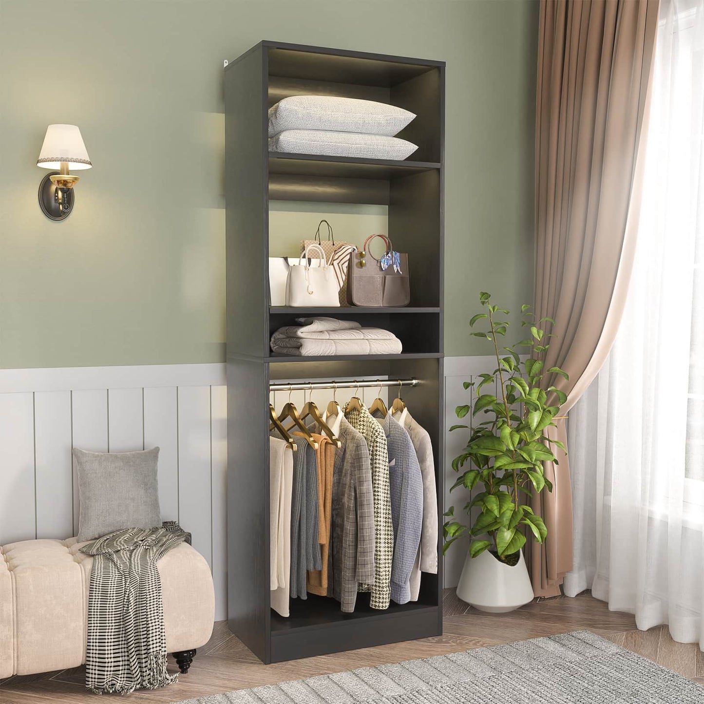 25'' Closet System, Freestanding Closet Organizer Wardrobe with Hanging Rods and Shelves