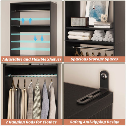 25'' Closet System, Freestanding Closet Organizer Wardrobe with Hanging Rods and Shelves