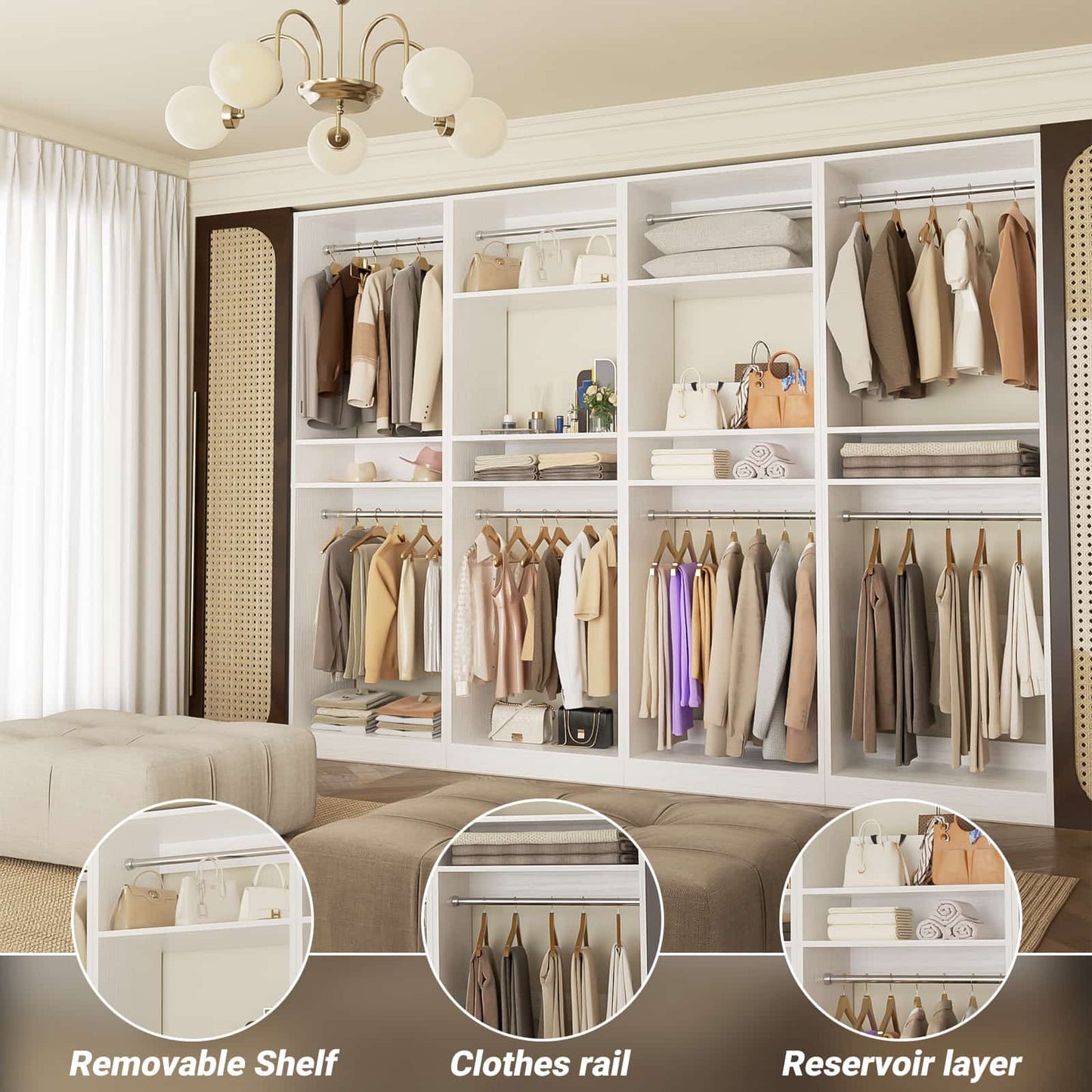 100 Inch Closet System, Freestanding Closet Organizer Wardrobe with 8 Hanging Rods and 17 Shelves