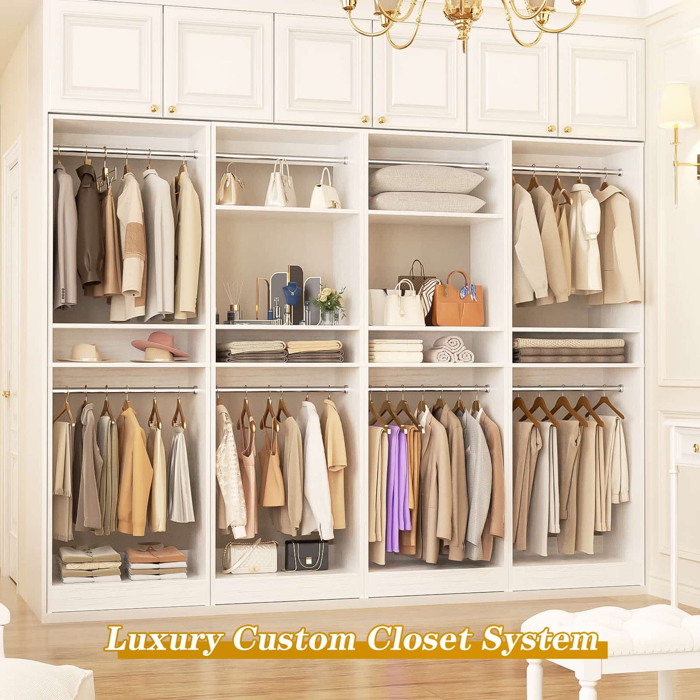 100 Inch Closet System, Freestanding Closet Organizer Wardrobe with 8 Hanging Rods and 17 Shelves