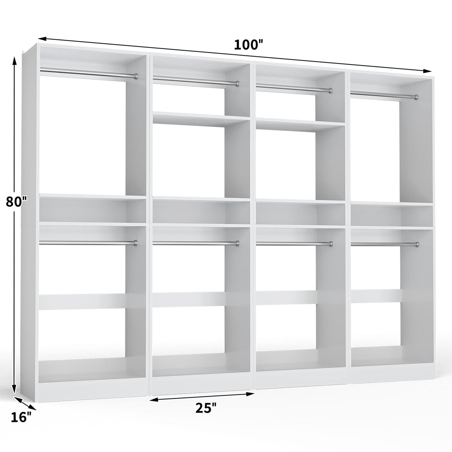100 Inch Closet System, Freestanding Closet Organizer Wardrobe with 8 Hanging Rods and 17 Shelves