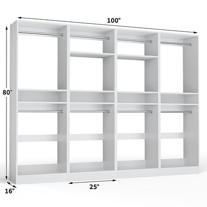 100 Inch Closet System, Freestanding Closet Organizer Wardrobe with 8 Hanging Rods and 17 Shelves