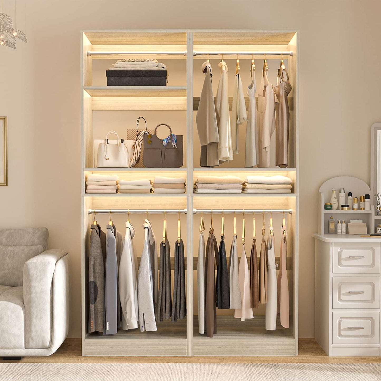 50'' Closet Organizer System, Set of 2, Heavy Duty Closet Storage & Organizer with 4 Hanging Rods and Adjustable Shelves