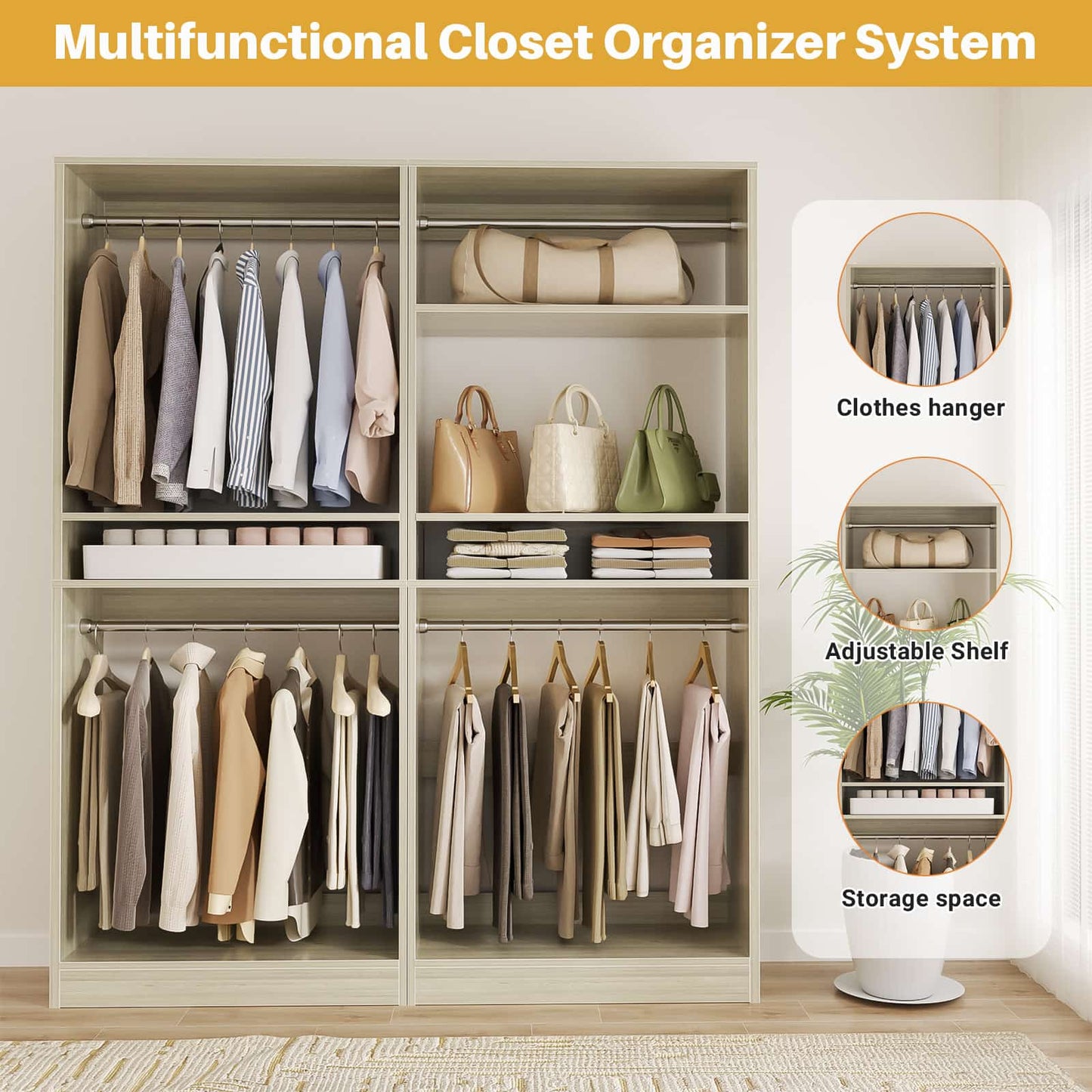 50'' Closet Organizer System, Set of 2, Heavy Duty Closet Storage & Organizer with 4 Hanging Rods and Adjustable Shelves