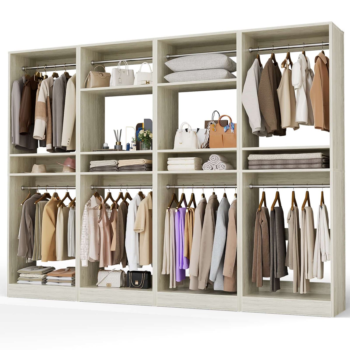 100 Inch Closet System, Freestanding Closet Organizer Wardrobe with 8 Hanging Rods and 17 Shelves