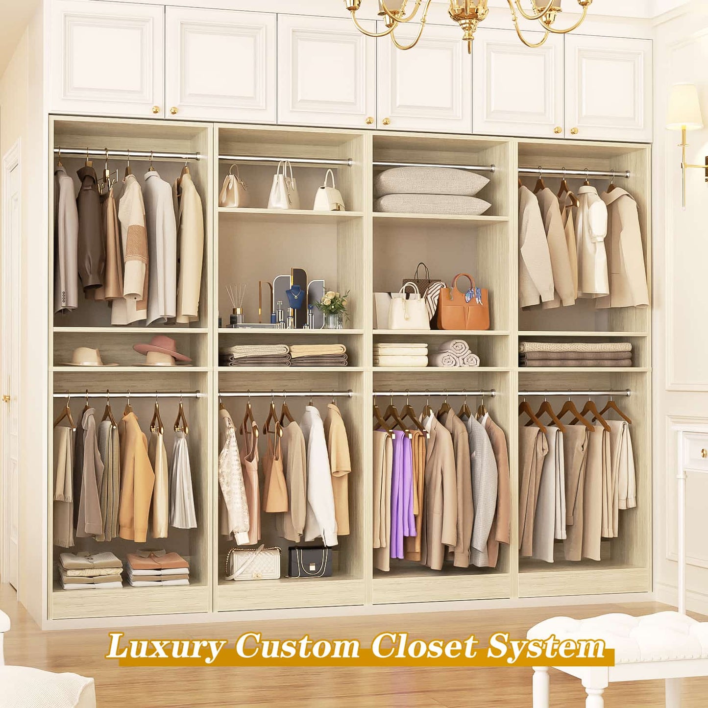100 Inch Closet System, Freestanding Closet Organizer Wardrobe with 8 Hanging Rods and 17 Shelves