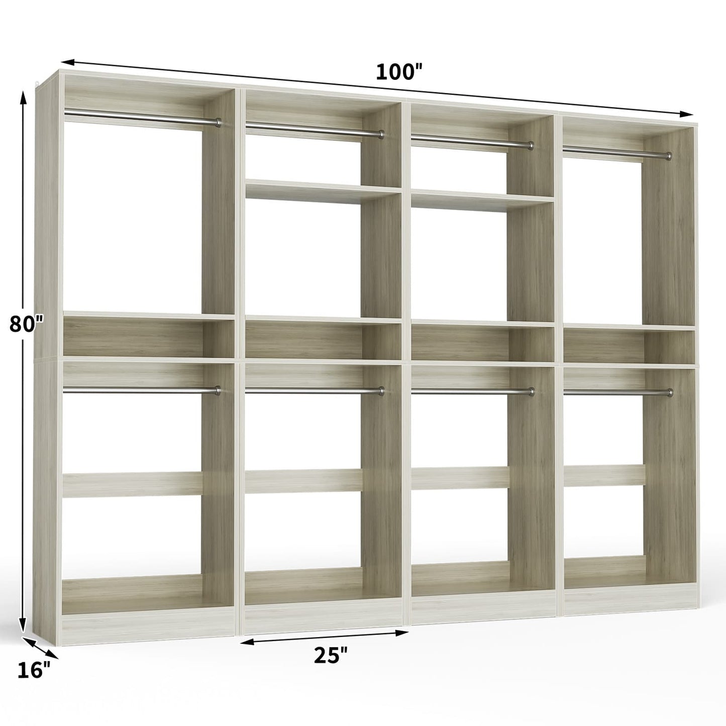 100 Inch Closet System, Freestanding Closet Organizer Wardrobe with 8 Hanging Rods and 17 Shelves