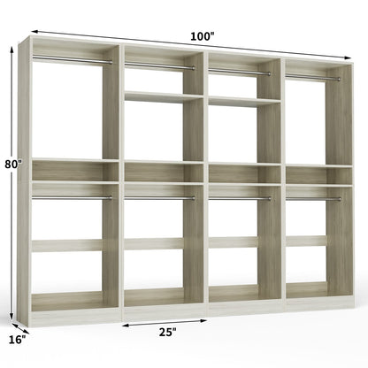 100 Inch Closet System, Freestanding Closet Organizer Wardrobe with 8 Hanging Rods and 17 Shelves