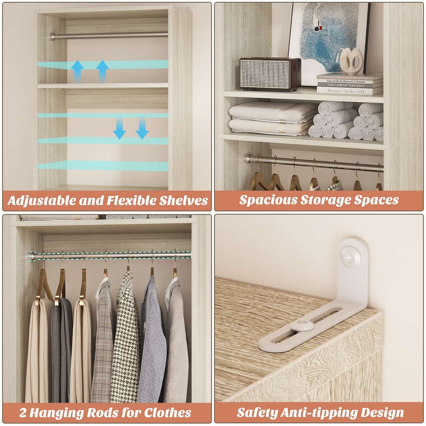 25'' Closet System, Freestanding Closet Organizer Wardrobe with Hanging Rods and Shelves