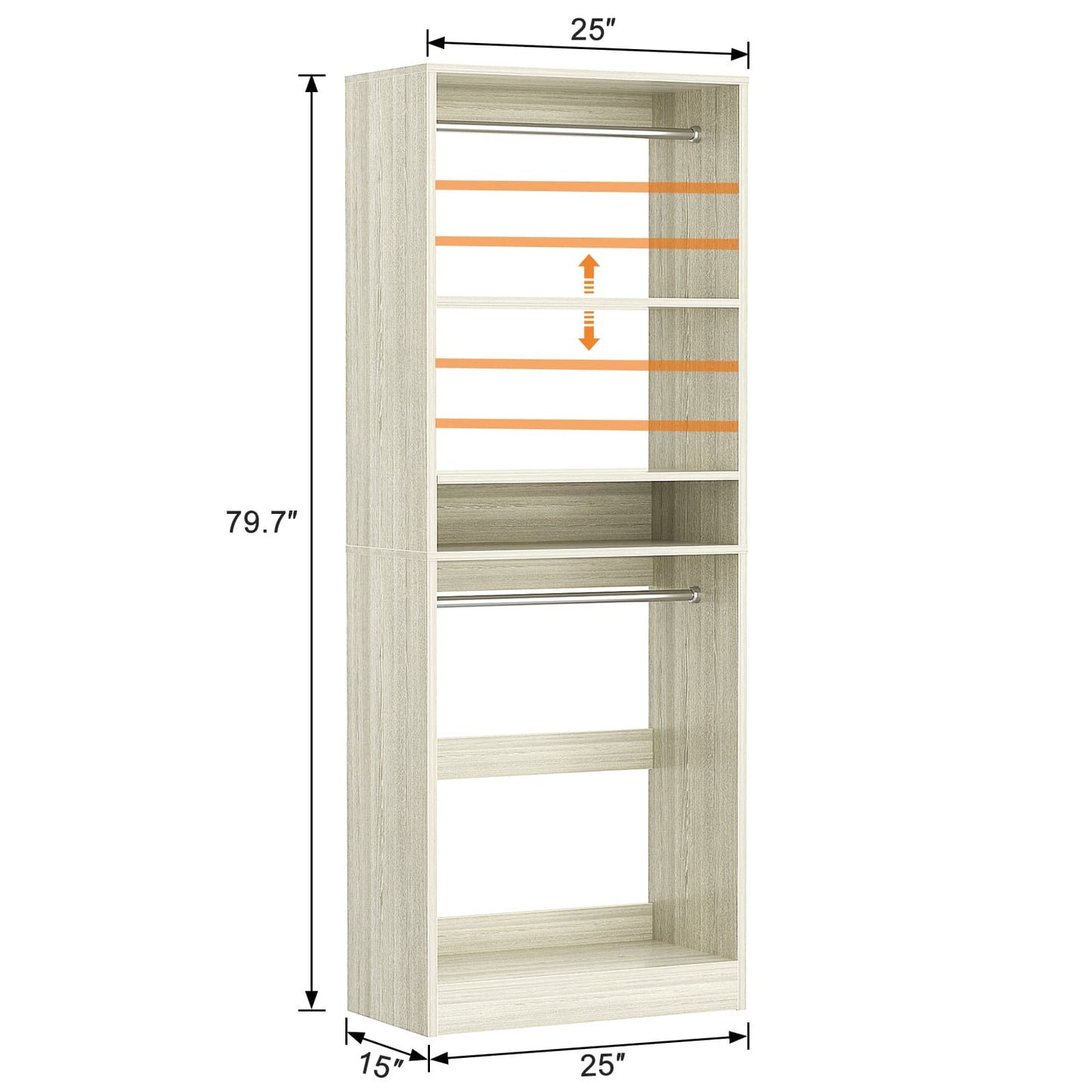 25'' Closet System, Freestanding Closet Organizer Wardrobe with Hanging Rods and Shelves