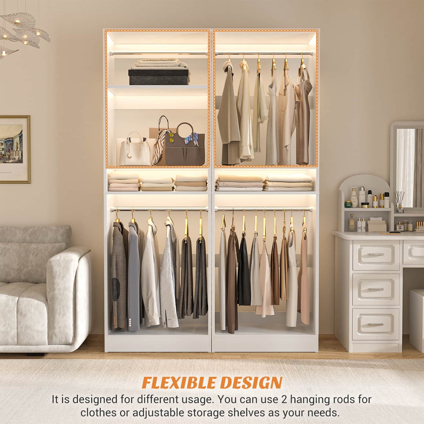 25'' Closet System, Freestanding Closet Organizer Wardrobe with Hanging Rods and Shelves