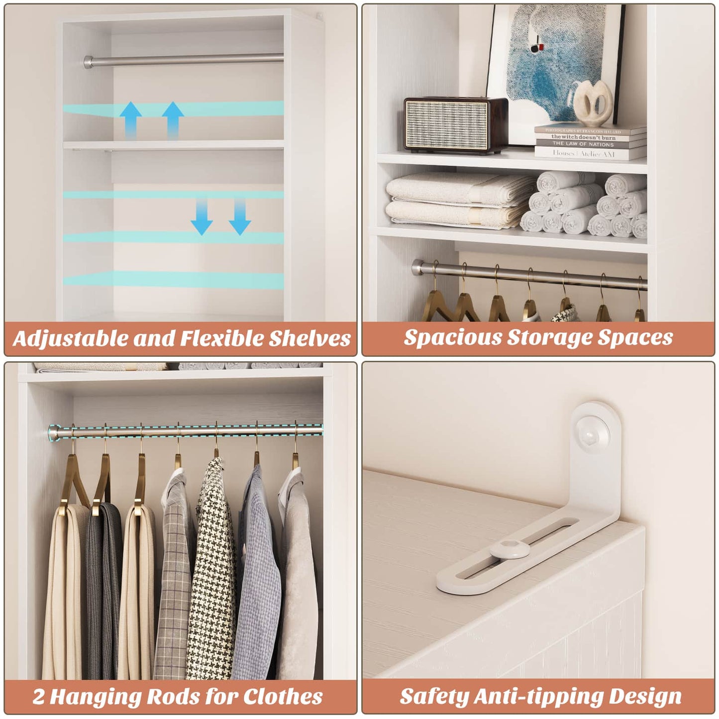 25'' Closet System, Freestanding Closet Organizer Wardrobe with Hanging Rods and Shelves