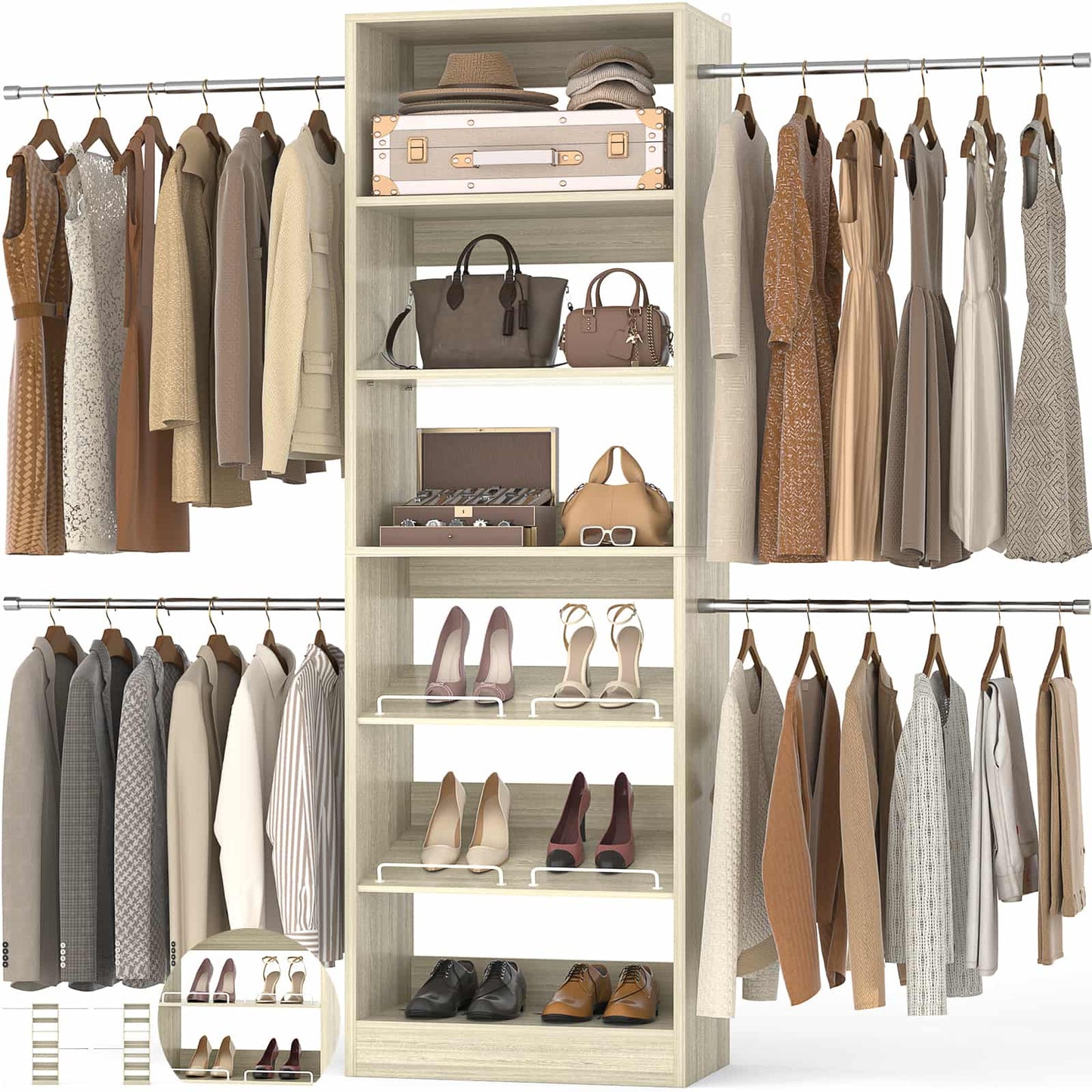 4-8 ft Freestanding Closet Organizer System with Adjustable Shelves and 4 Extendable Hanging Rods