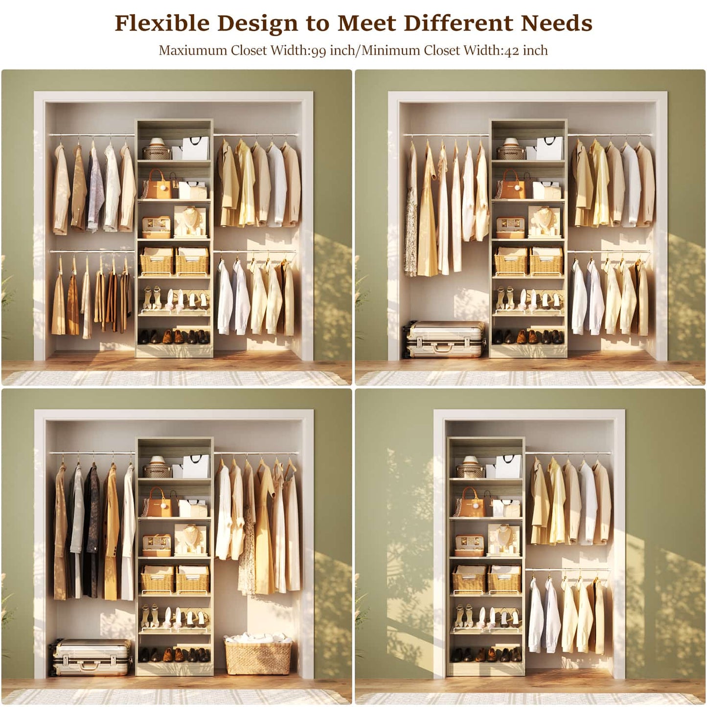 4-8 ft Freestanding Closet Organizer System with Adjustable Shelves and 4 Extendable Hanging Rods