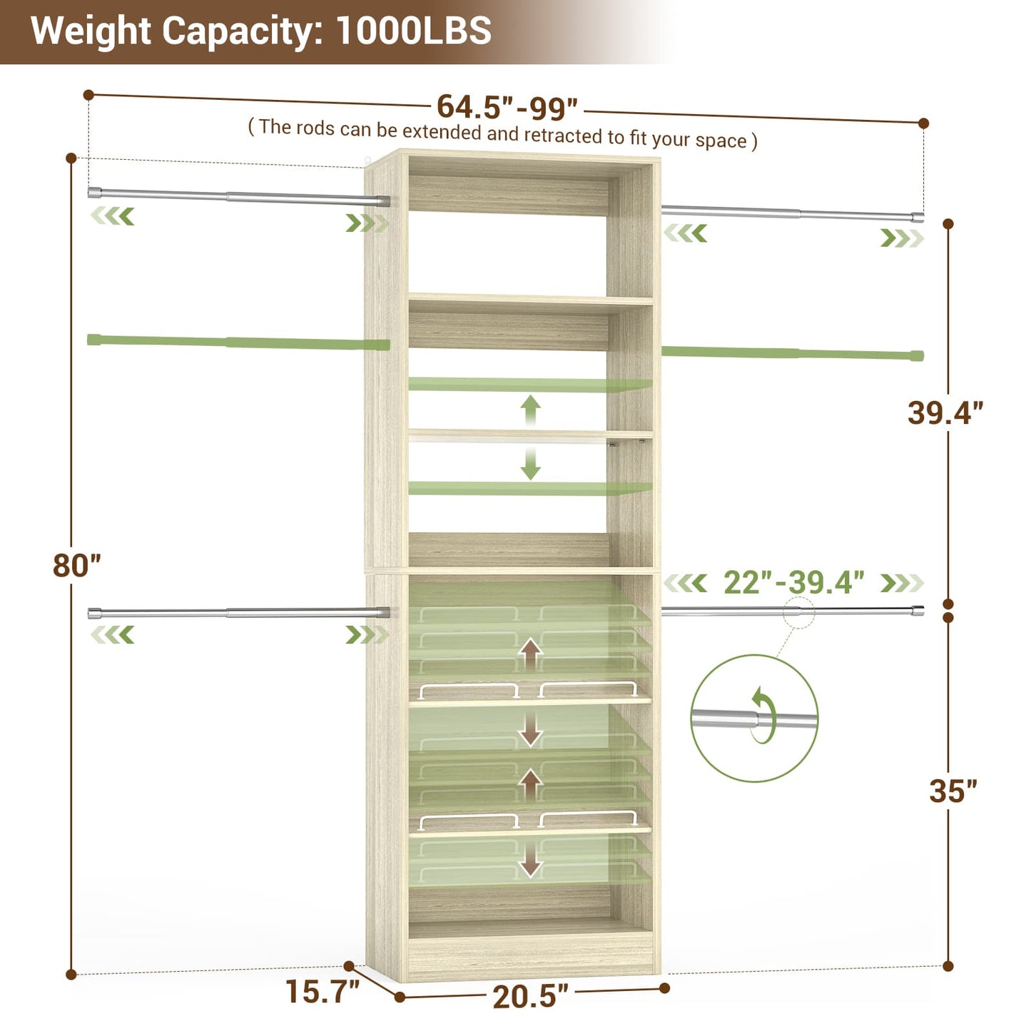 4-8 ft Freestanding Closet Organizer System with Adjustable Shelves and 4 Extendable Hanging Rods
