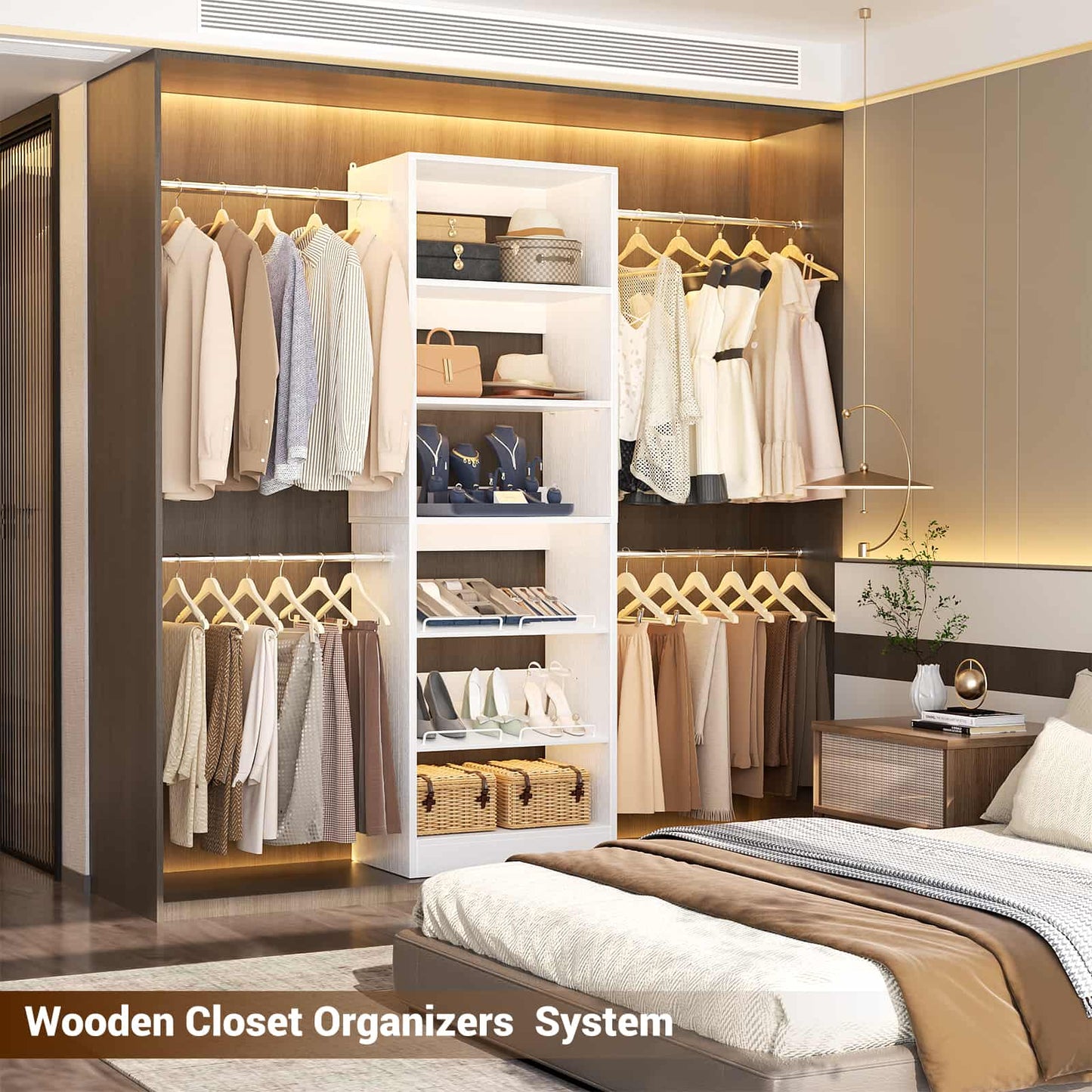 4-8 ft Freestanding Closet Organizer System with Adjustable Shelves and 4 Extendable Hanging Rods