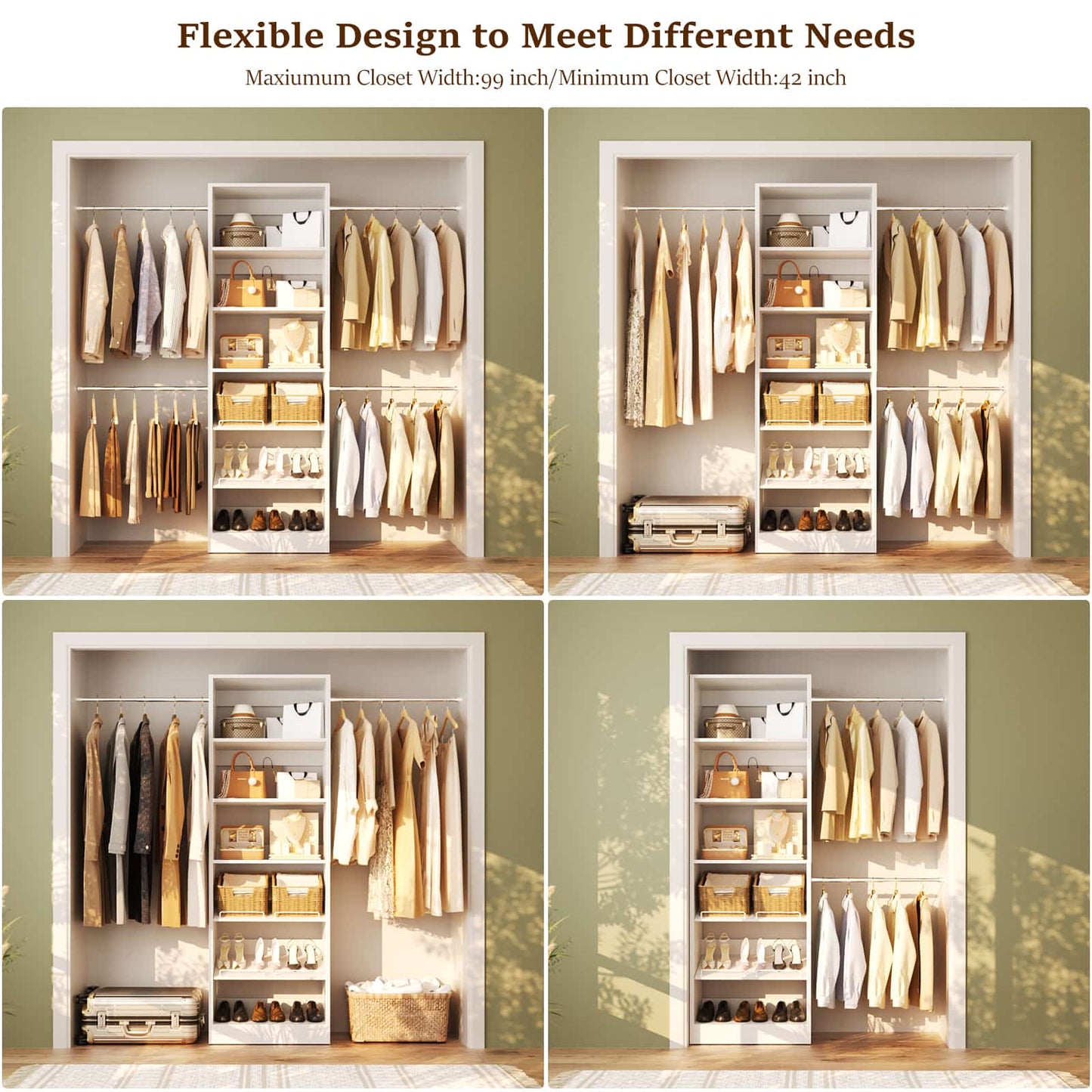 4-8 ft Freestanding Closet Organizer System with Adjustable Shelves and 4 Extendable Hanging Rods
