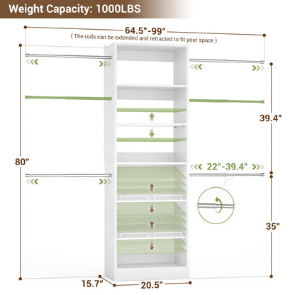 4-8 ft Freestanding Closet Organizer System with Adjustable Shelves and 4 Extendable Hanging Rods
