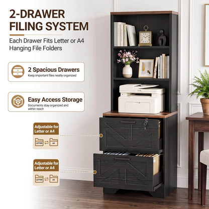 2-Drawer Vertical Filing Cabinet with Open Shelves & Built-In Power Outlet, Lockable Farmhouse Office Storage Cabinet for Home, Small Spaces