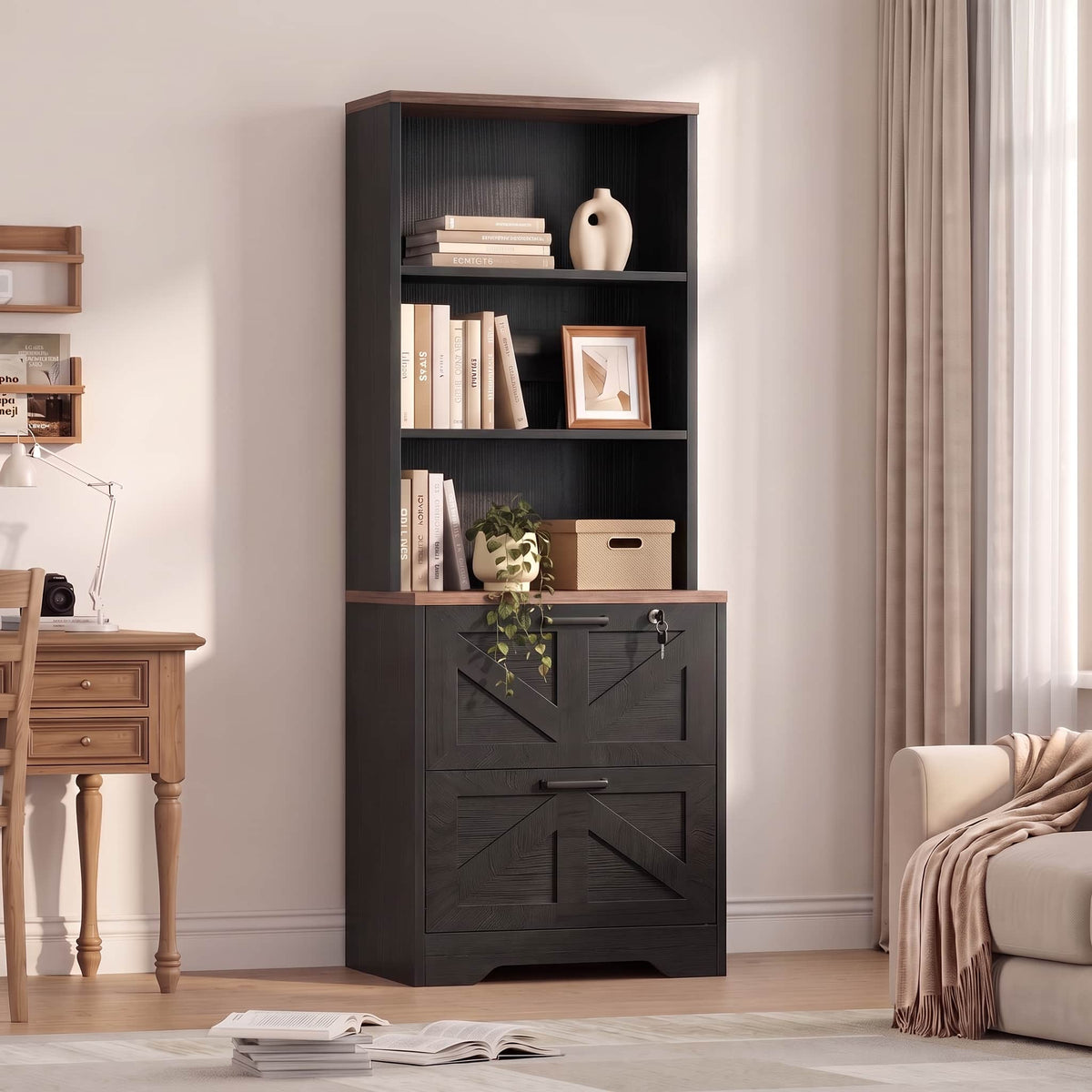 2-Drawer Vertical Filing Cabinet with Open Shelves & Built-In Power Outlet, Lockable Farmhouse Office Storage Cabinet for Home, Small Spaces