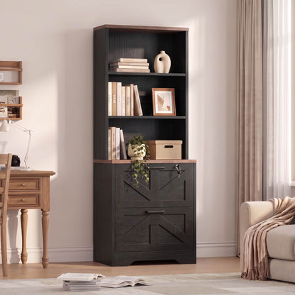 2-Drawer Vertical Filing Cabinet with Open Shelves & Built-In Power Outlet, Lockable Farmhouse Office Storage Cabinet for Home, Small Spaces