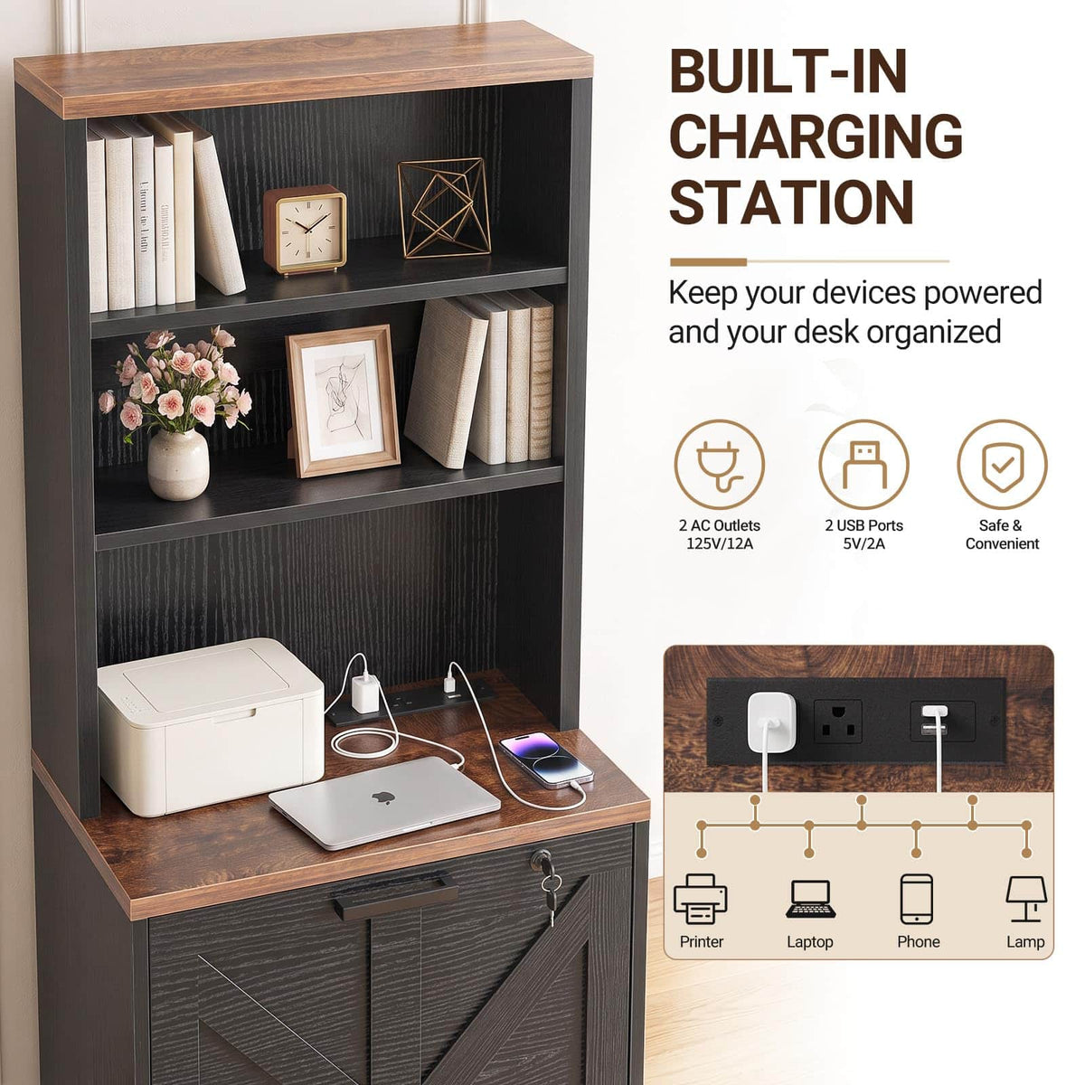 2-Drawer Vertical Filing Cabinet with Open Shelves & Built-In Power Outlet, Lockable Farmhouse Office Storage Cabinet for Home, Small Spaces