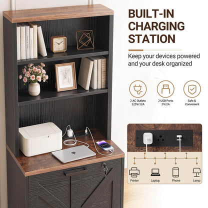 2-Drawer Vertical Filing Cabinet with Open Shelves & Built-In Power Outlet, Lockable Farmhouse Office Storage Cabinet for Home, Small Spaces