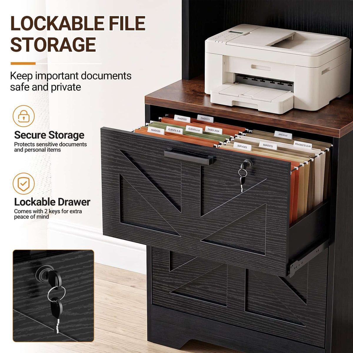 2-Drawer Vertical Filing Cabinet with Open Shelves & Built-In Power Outlet, Lockable Farmhouse Office Storage Cabinet for Home, Small Spaces