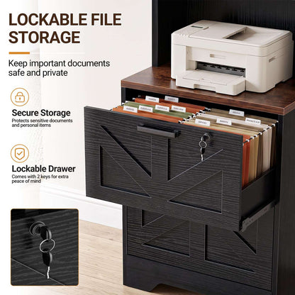 2-Drawer Vertical Filing Cabinet with Open Shelves & Built-In Power Outlet, Lockable Farmhouse Office Storage Cabinet for Home, Small Spaces