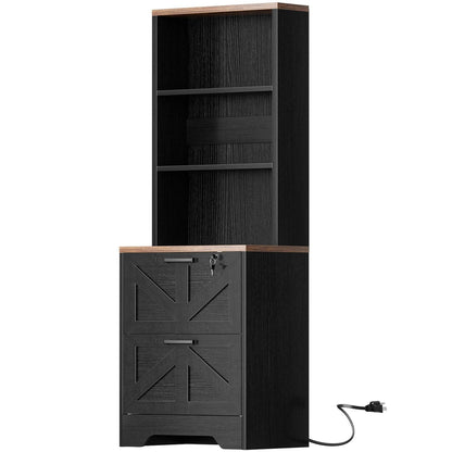 2-Drawer Vertical Filing Cabinet with Open Shelves & Built-In Power Outlet, Lockable Farmhouse Office Storage Cabinet for Home, Small Spaces