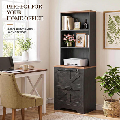 2-Drawer Vertical Filing Cabinet with Open Shelves & Built-In Power Outlet, Lockable Farmhouse Office Storage Cabinet for Home, Small Spaces