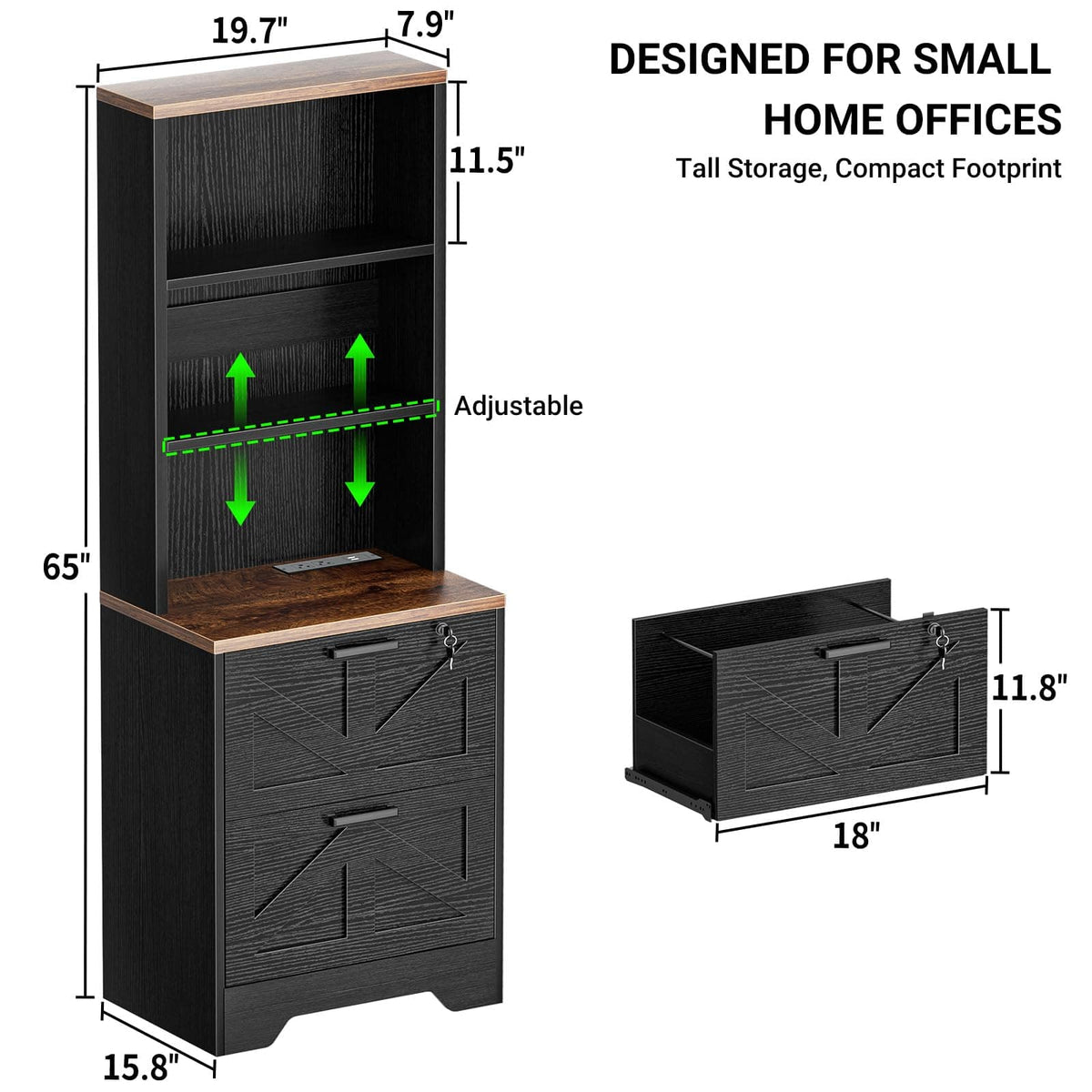 2-Drawer Vertical Filing Cabinet with Open Shelves & Built-In Power Outlet, Lockable Farmhouse Office Storage Cabinet for Home, Small Spaces