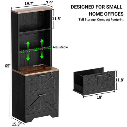 2-Drawer Vertical Filing Cabinet with Open Shelves & Built-In Power Outlet, Lockable Farmhouse Office Storage Cabinet for Home, Small Spaces