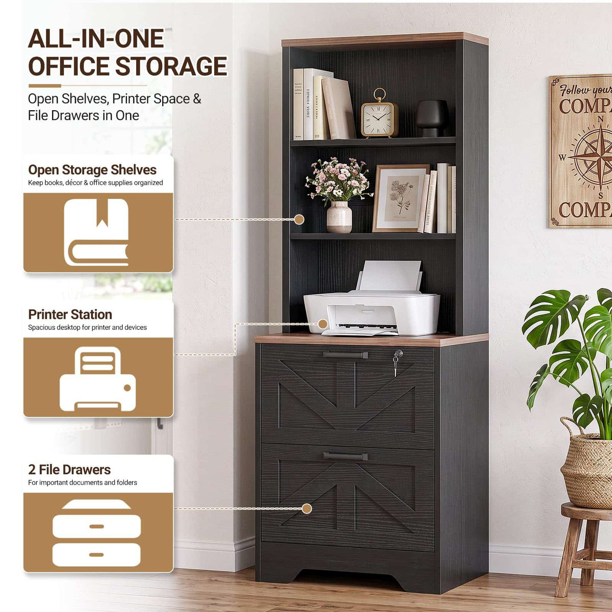 2-Drawer Vertical Filing Cabinet with Open Shelves & Built-In Power Outlet, Lockable Farmhouse Office Storage Cabinet for Home, Small Spaces