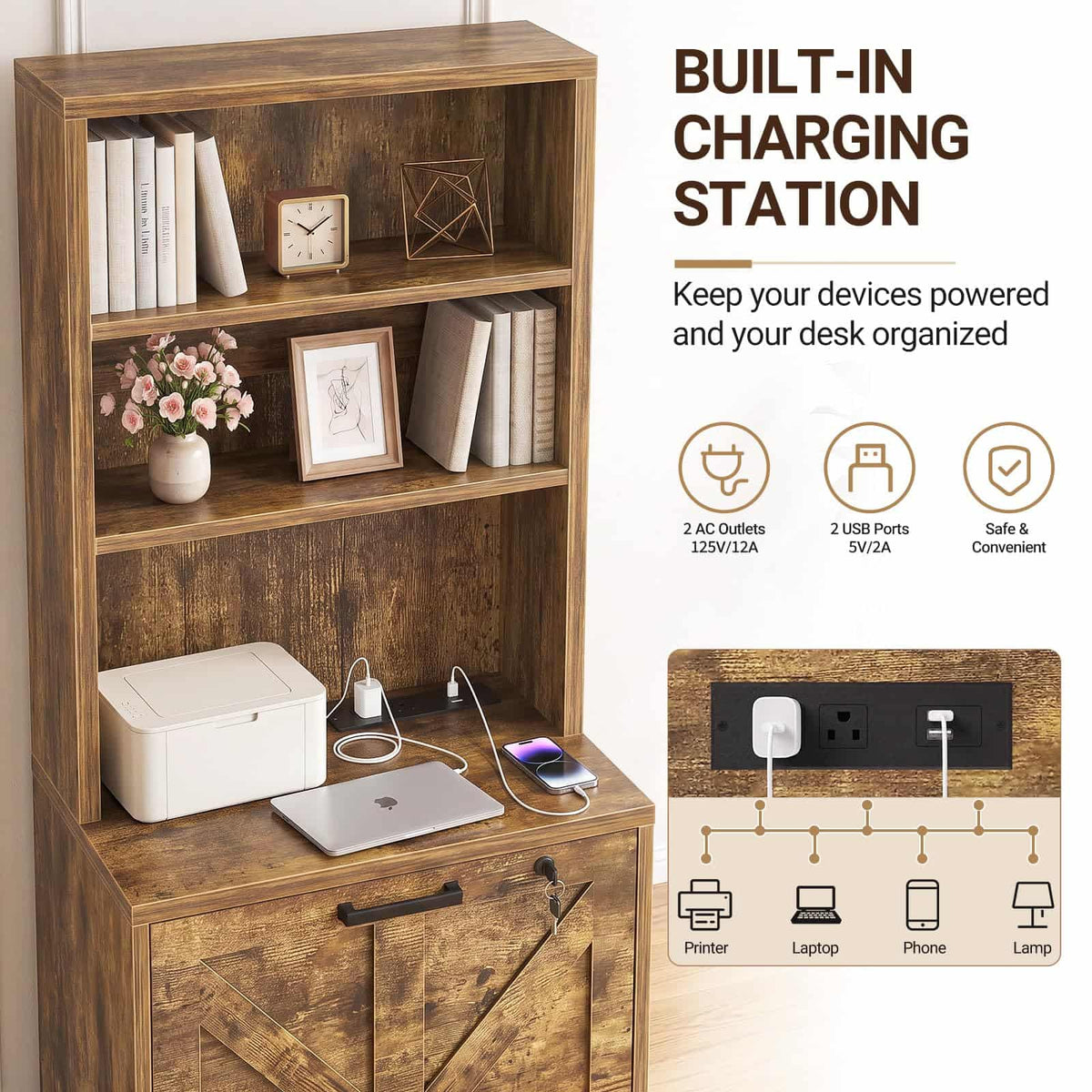 2-Drawer Vertical Filing Cabinet with Open Shelves & Built-In Power Outlet, Lockable Farmhouse Office Storage Cabinet for Home, Small Spaces