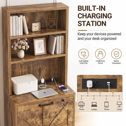 2-Drawer Vertical Filing Cabinet with Open Shelves & Built-In Power Outlet, Lockable Farmhouse Office Storage Cabinet for Home, Small Spaces