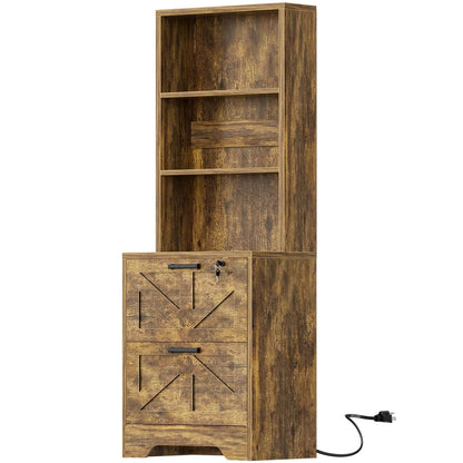 2-Drawer Vertical Filing Cabinet with Open Shelves & Built-In Power Outlet, Lockable Farmhouse Office Storage Cabinet for Home, Small Spaces