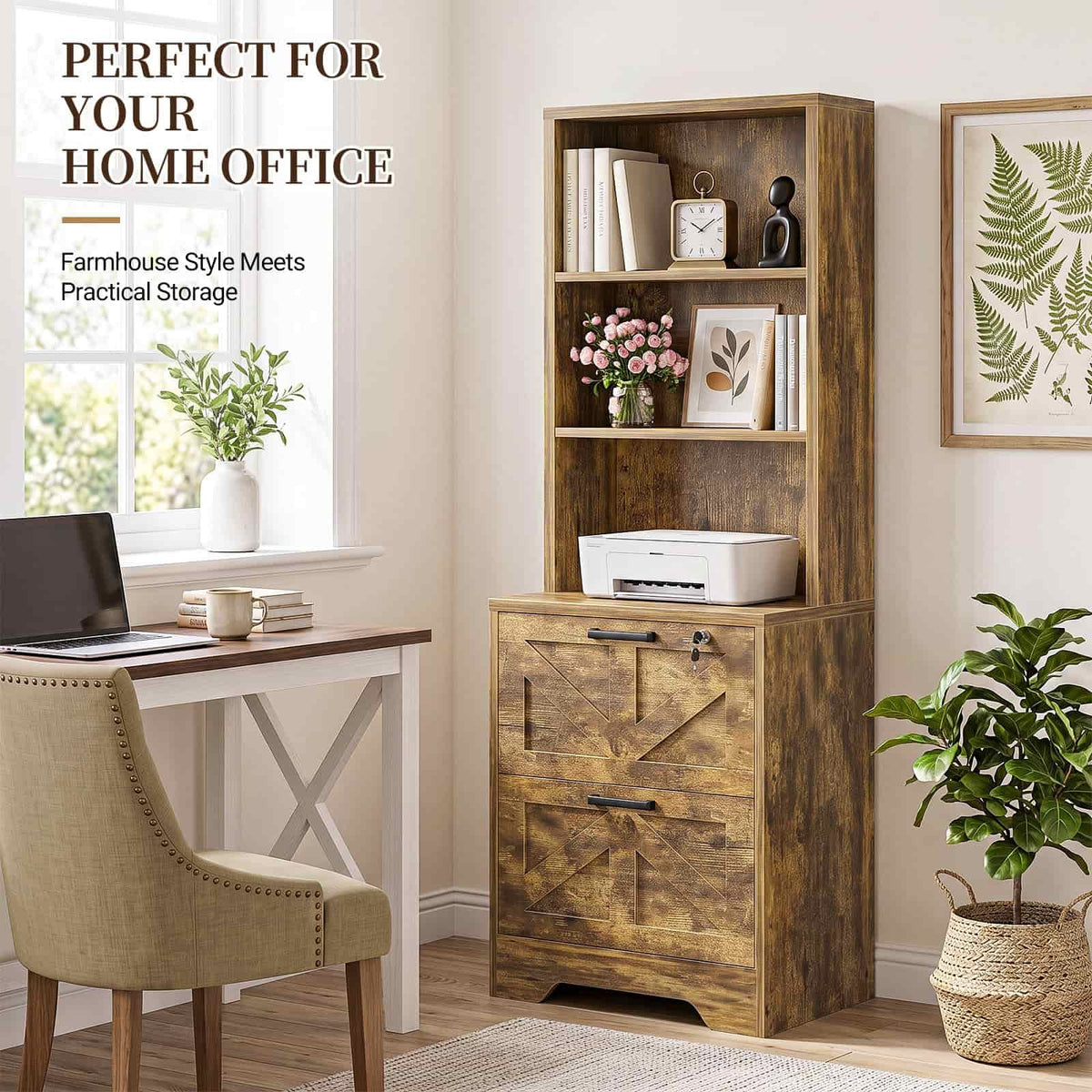 2-Drawer Vertical Filing Cabinet with Open Shelves & Built-In Power Outlet, Lockable Farmhouse Office Storage Cabinet for Home, Small Spaces