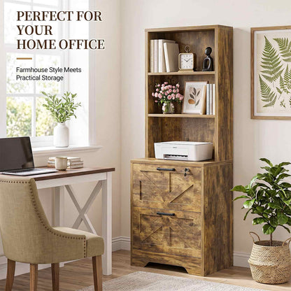2-Drawer Vertical Filing Cabinet with Open Shelves & Built-In Power Outlet, Lockable Farmhouse Office Storage Cabinet for Home, Small Spaces