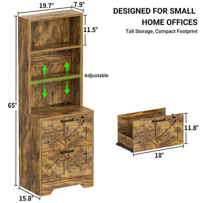 2-Drawer Vertical Filing Cabinet with Open Shelves & Built-In Power Outlet, Lockable Farmhouse Office Storage Cabinet for Home, Small Spaces