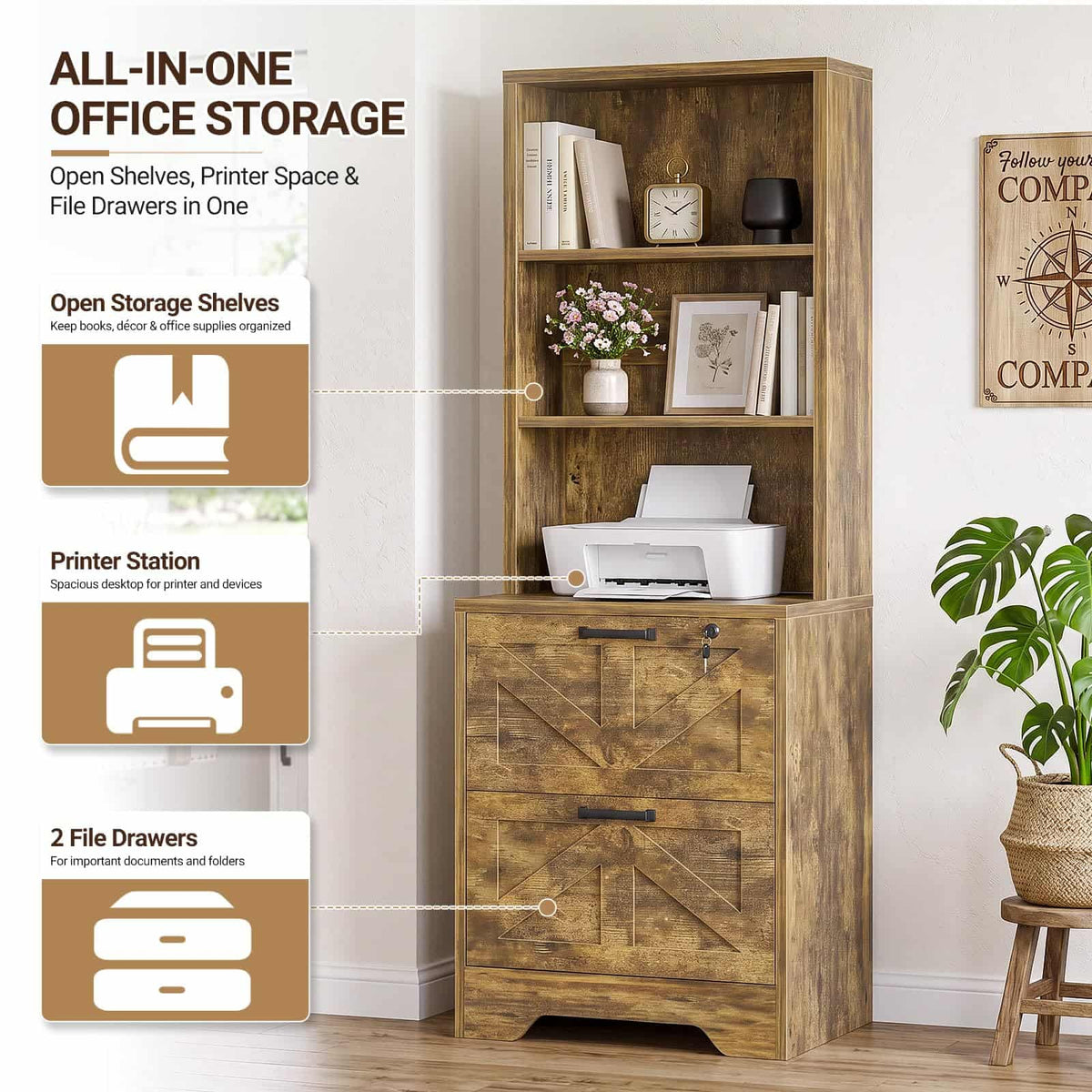 2-Drawer Vertical Filing Cabinet with Open Shelves & Built-In Power Outlet, Lockable Farmhouse Office Storage Cabinet for Home, Small Spaces